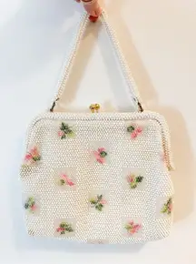 Vintage Floral Beaded handbag purse with hand mirror change wallet White Pink