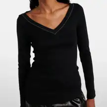 NEW Brunello Cucinelli Monili Black Long Sleeve Cotton Blend V-Neck Top Size XL