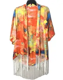 Gianni bini colorful fringe tassel open cardigan size medium girly beachy cute