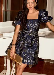 LILLY PULITZER KASSLYN DRESS Low Tide Navy Gold Puff Floral Brocade SIZE 6 Party