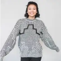 Vintage 90s CHIA Geometric Pattern Leather Trim Crew Neck Knit Sweater Sz Medium