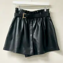 NWT Zara Faux Leather Elastic Waist Belted Paperbag Short Black Women's Size M