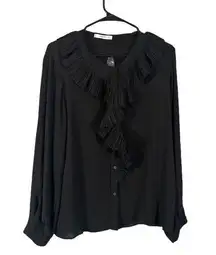 Mango Black Ruffled Trim Long Sleeve Linen Blend Career Blouse Women Sz 8