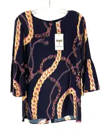 Tyler Boe NWTs Navy Blue Silk Chain Print Blouse size small