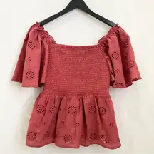 Q+A Los Angeles Spiced Brick Eyelet Smocked Peplum Bell Short Sleeves Top Size M