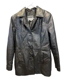 Vintage 90s Fashion Elements Black Leather Jacket – Longline Button Front Coat