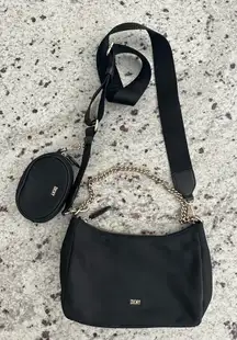 DKNY Chain Shoulder Bag Crossbody Detachable Strap w/ Ear Bud Coin Purse Black‎