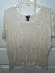 Rue21 Open Knit‎ Fringe Short Sleeve Top XL Boho Hippy Festival Floral Lace
