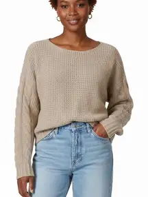 Poof Apparel Cable Knit Chenille Sweater Womens M Beige Cozy Pullover Minimalist