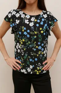 LOFT Black Floral‎ Ruffle Cap Sleeve Blouse - Size Small NWOT