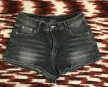 Y2K Goth Grunge Mcbling Micro Mini Baddie Bimbo Low Rise Denim Jean Shorts Cross Wings Bedazzled Rhinestone Studded Gray Black Faded Wash #biker #subversive #whimsygoth #cyber #punk acubi Measurement in pics