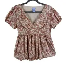 Gap Maternity 100% Cotton Paisley V-Neck Pleated Short Sleeve Lined Blouse Sz M