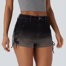 NWT HALARA Black stretch denim gradient mid rise Lace-Up Denim Shorts. Size M