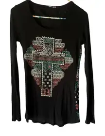 Be Vocal Shirt Womens Small Long Sleeve Cross Pattern‎ Pearl Stud Western Grunge