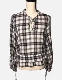 Lovestitch  Plaid Top Size Small Tie Front Lightweight Peplum Long Sleeve Shirt