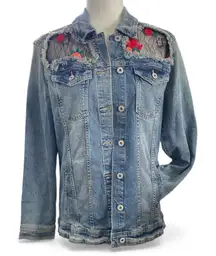 Arizona Jean Company Distressed Blue Denim Jacket Floral Lace Inserts Size M