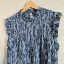 Anthropologie  Animal Camo Print High Neck Tiered Short Sleeve Boho Dress Blue L