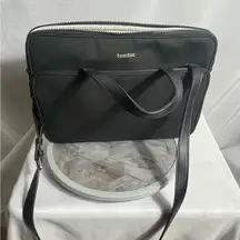 Tomtoc Black 13” Laptop Bag Briefcase with Strap, Faux Leather Trim, EUC