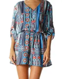 Boutique Blue Orange Print Pocketed 3/4 Sleeve Buttoned Belted Romper …