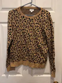 J Crew Teddie Leopard Print Crewneck Sweater Size L Brown Black Cotton