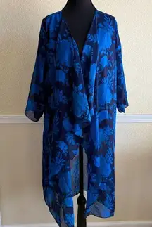 Boho Kimono Cover Up Beach Cardigan Duster Flowy Long Navy Blue Floral Polka Dot