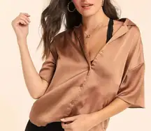 House of Harlow Short Sleeve Collar Button Down Satin Brown Crop Blouse Sz S NWT
