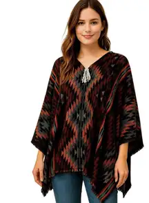 Aztec Geometric Print Fringe Zipper Poncho Cape Sweater Women's One Size