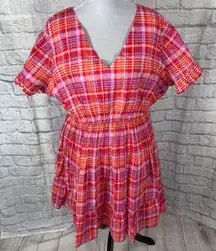 women 2X 20W-22W spring plaid print short sleeve dress pink multicolor