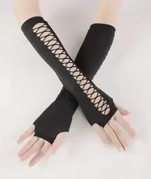 Gothic Ripped Hollow Out Emo Fingerless Punk long Gloves Women Gothic Black 