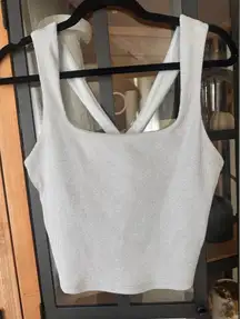 ALO Ribbed Alosoft Longline Sports Bra Athletic Heather squareneck chic tank top