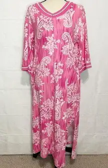 Carole Hochman Long Dressing Gown Housecoat 1/2 Zip Pink Floral Cotton Sz Small