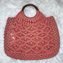 AMERICA & BEYOND Macrame Woven Boho Tote Purse Handbag Coral Rose Pink NWT