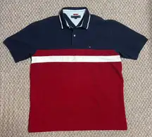 Tommy Hilfiger 90s Style Business Casual Men’s Navy Blue and Red Polo Shirt 