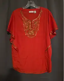 Chico's Women's Orange Sequin Flutter Sleeve, Gold Embellishments, Size 2 Blouse