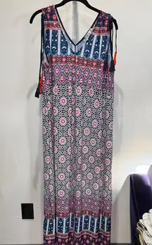 John Paul Richard Versona Maxi Dress XL Blue Red Sleeveless Geometric