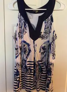 Blue and White Feather and Stripe Print Tunic, Women’s Large