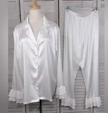 SHEIN Women's White Satin Pajama Set with Ruffle Cuffs and Hem-XL