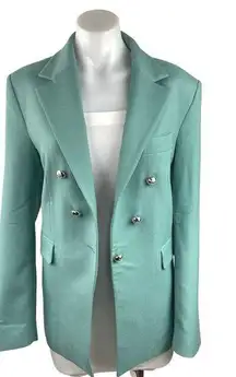 MNG Mango Teal Blue Double Breasted Long Sleeve Pockets Collar Blazer Jacket L