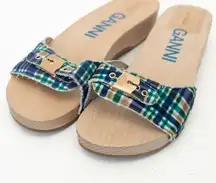 Ganni X Scholl. Wooden Clogs in Check Blue Iris.