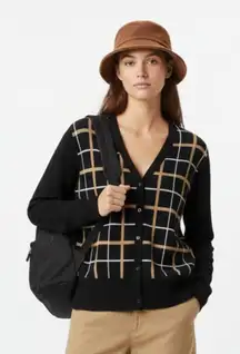 TSE Black & Brown Plaid Print Button Up Cardigan Sweater L