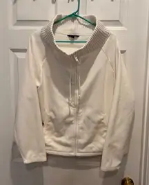Lands' End Women's XL Ivory Fleece Full Zip Jacket Knit Collar Pockets‎