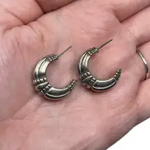 Vintage Signed  Ornate Antiqued Hoop Post Earrings Silver Tone