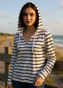 VINEYARD VINES Striped Breton Style Hoodie White Blue Long Sleeve Top Sz S