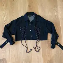 Storets Black Denim Stud Close Lace Up Front Raw Hem Cropped Jacket Size S/M