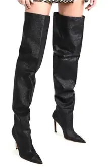 Good American Super High Above Knee Thigh High Heeled Boots in Black Glitter 6.5