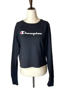 Champion Black Crew Neck Cropped Raw Hem‎ Logo Raglan Sleeve Sweatshirt Size M