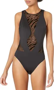 Kenneth Cole One Piece Swimsuit-Black with Animal Print Netting size M