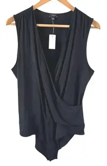 Ann Taylor NWT XL Bodysuit Black Surplice Faux Wrap Neckline Deep V Stretch