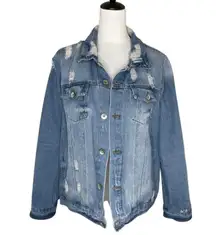 Cavalini Women's Blue Denim Jean Jacket Distressed Ripped Trucker Size XL