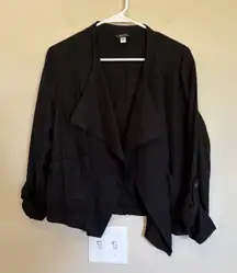 SUPPLIES ‎ Linen Blend Jacket Sz Medium Black Open Front Roll Tab Sleeves Boho